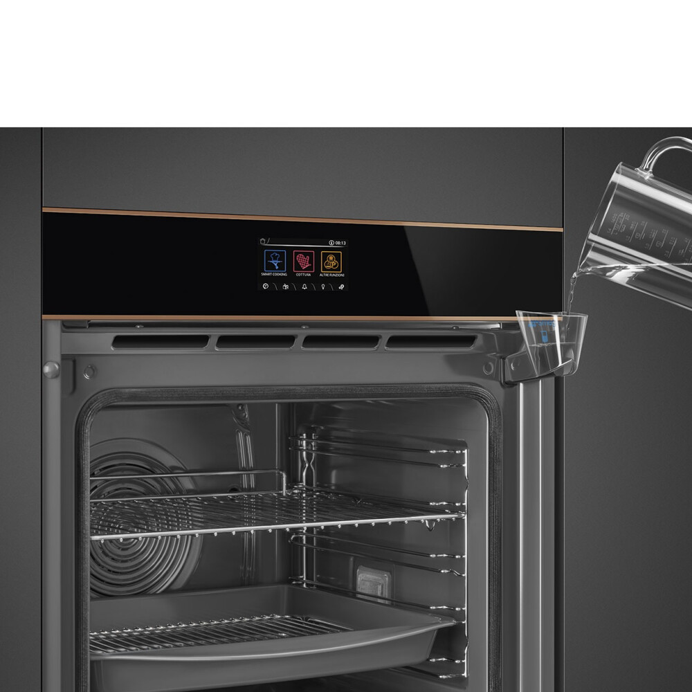 Furrë me pirolizë dhe avullore SMEG Dolce Stil Novo, SOP6604S2PNR, e zezë me shkëlqim me detaje bakri, 60 cm, kapaciteti 68 l, klasi A+