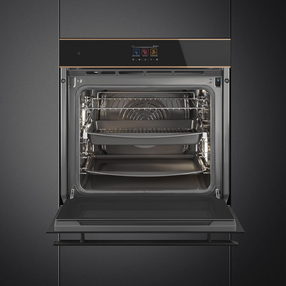 Furrë me pirolizë dhe avullore SMEG Dolce Stil Novo, SOP6604S2PNR, e zezë me shkëlqim me detaje bakri, 60 cm, kapaciteti 68 l, klasi A+