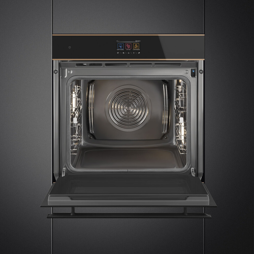 Furrë me pirolizë dhe avullore SMEG Dolce Stil Novo, SOP6604S2PNR, e zezë me shkëlqim me detaje bakri, 60 cm, kapaciteti 68 l, klasi A+