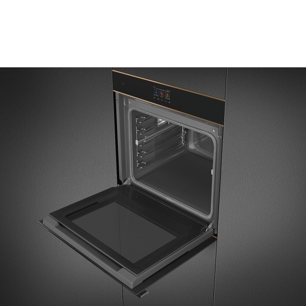 Furrë me pirolizë dhe avullore SMEG Dolce Stil Novo, SOP6604S2PNR, e zezë me shkëlqim me detaje bakri, 60 cm, kapaciteti 68 l, klasi A+