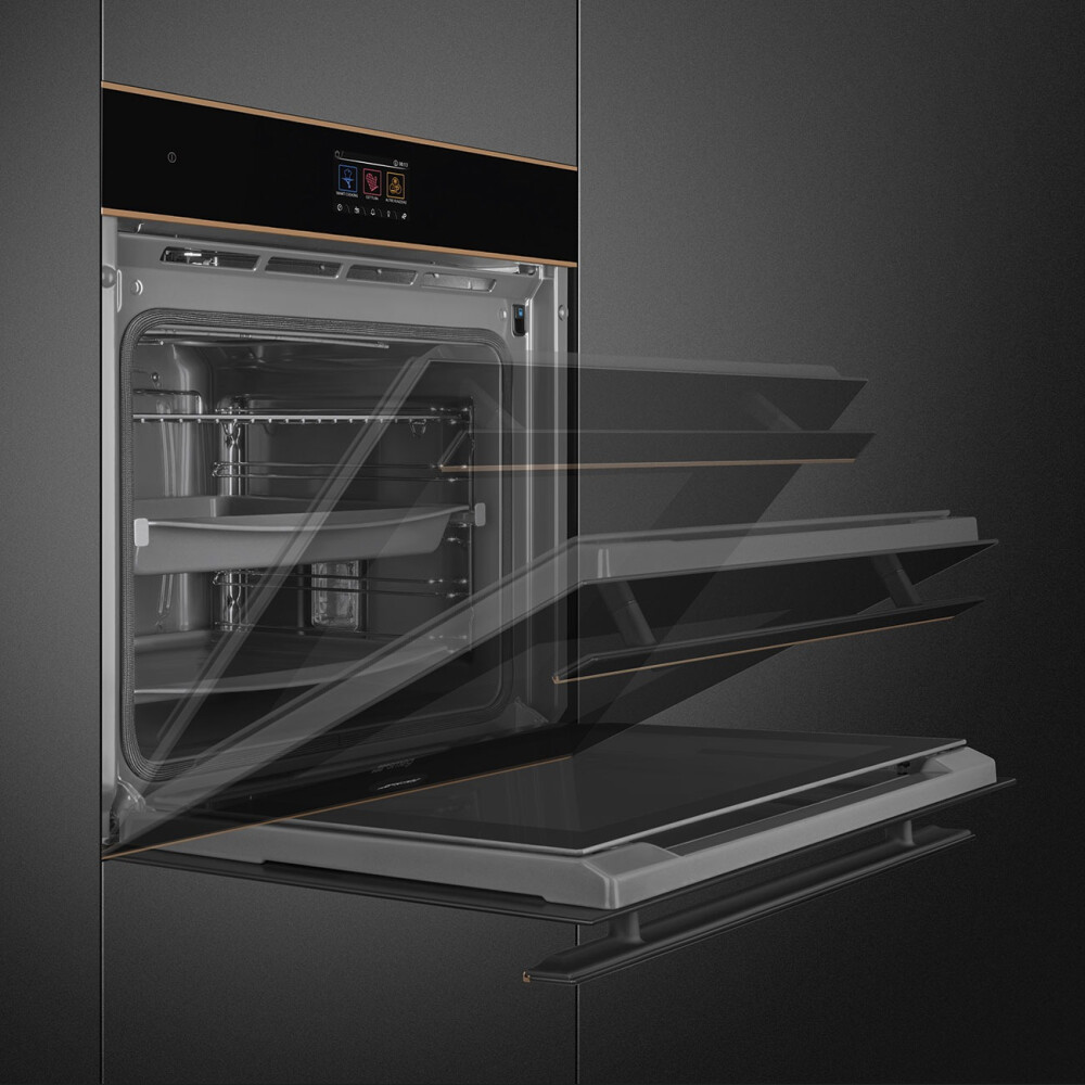 Furrë me pirolizë dhe avullore SMEG Dolce Stil Novo, SOP6604S2PNR, e zezë me shkëlqim me detaje bakri, 60 cm, kapaciteti 68 l, klasi A+