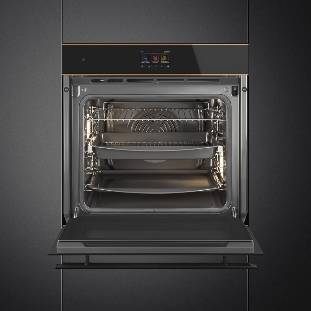 Furrë pirolize SMEG Dolce Stil Novo, SOP6604TPNR, e zeze me detaje bakri, 60 cm, kapaciteti 68 l, klasi A+