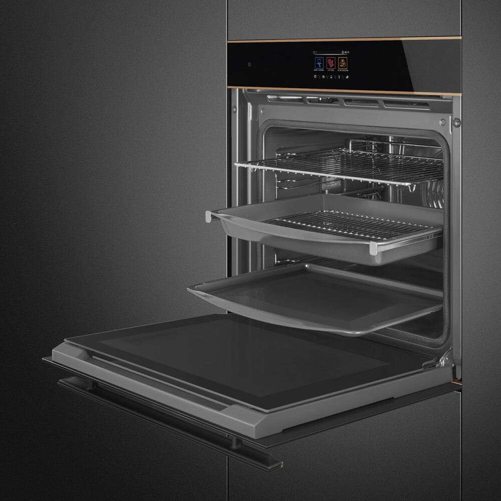 Furrë pirolize SMEG Dolce Stil Novo, SOP6604TPNR, e zeze me detaje bakri, 60 cm, kapaciteti 68 l, klasi A+