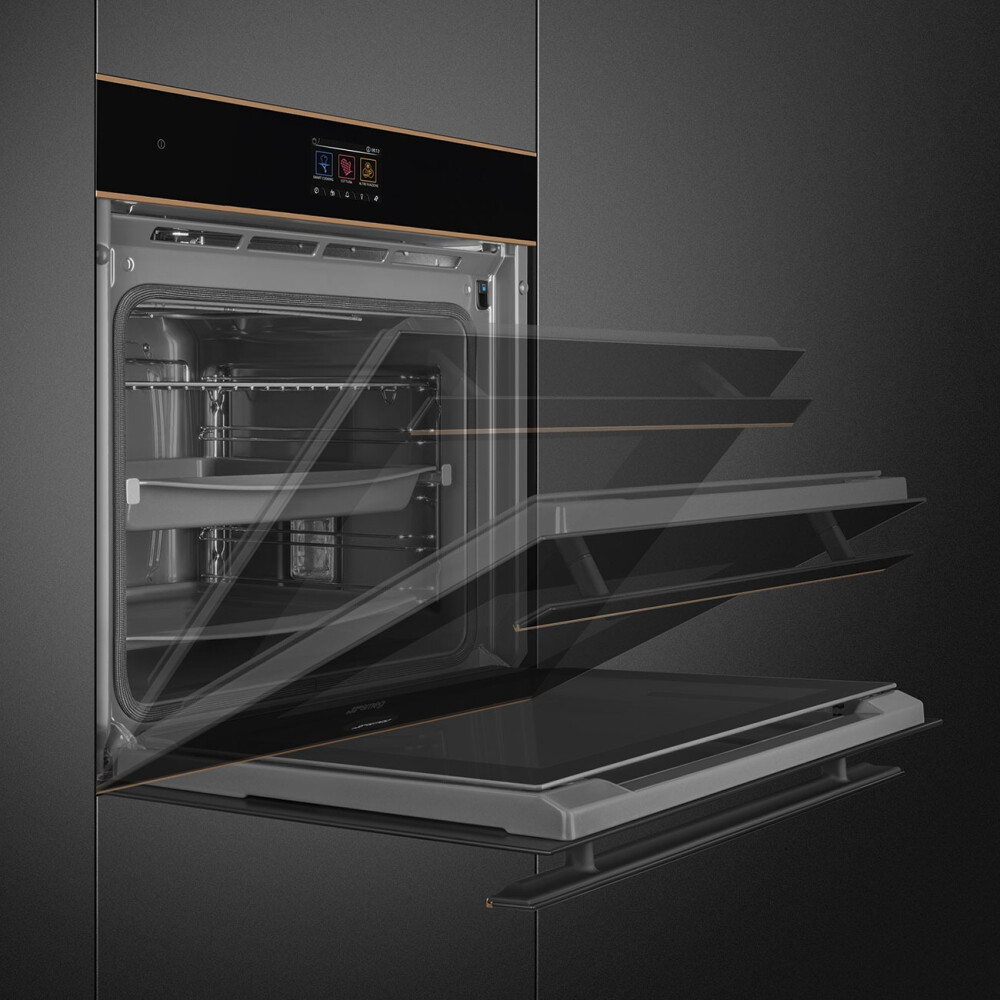 Furrë pirolize SMEG Dolce Stil Novo, SOP6604TPNR, e zeze me detaje bakri, 60 cm, kapaciteti 68 l, klasi A+