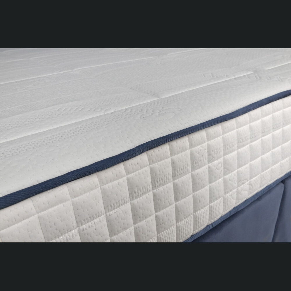 Krevat Vadret boxspring, tapiceri e madhe katrore, lartësia e skajit të krevatit 140 cm, dysheku i përfshirë, sipërfaqja e përfshirë