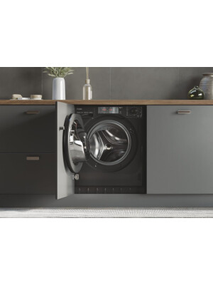 Lavatriçe e integruar Haier HWQ90B416FWBB-S, 9 kg, 1600 rpm, motor inverter BPM, Klasi A, E zezë me shkëlqim, 15+1 programe, L x H x L (cm) 60x53x82