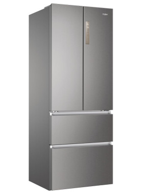 Frigorifer inox me dyer franceze Haier HB17FPAAA, me këmbë të pavarur, 4 dyer, pa ngrica, ndriçim LED, klasi E, platinum Inox, L x H x I (mm) 700x675x1906