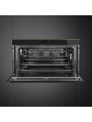 Furrë me termoventilim dhe pirolizë SMEG Dolce Stil Novo, SFPR9604TNR, e zezë me shkëlqim me detaje bakri, lartësi e ulët, 90 cm, kapaciteti 85 l, klasi A+