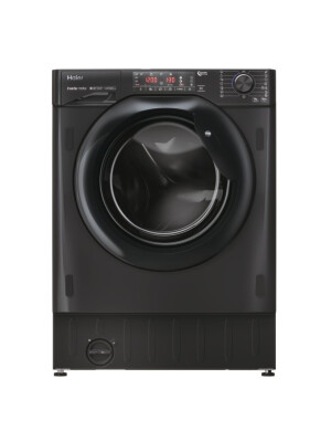 Lavatriçe e integruar Haier HWQ90B416FWBB-S, 9 kg, 1600 rpm, motor inverter BPM, Klasi A, E zezë me shkëlqim, 15+1 programe, L x H x L (cm) 60x53x82