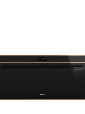 Furrë me termoventilim dhe pirolizë SMEG Dolce Stil Novo, SFPR9604TNR, e zezë me shkëlqim me detaje bakri, lartësi e ulët, 90 cm, kapaciteti 85 l, klasi A+
