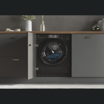 Lavatriçe e integruar Haier HWQ90B416FWBB-S, 9 kg, 1600 rpm, motor inverter BPM, Klasi A, E zezë me shkëlqim, 15+1 programe, L x H x L (cm) 60x53x82