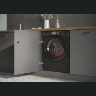 Lavatriçe e integruar Haier HWQ90B416FWBB-S, 9 kg, 1600 rpm, motor inverter BPM, Klasi A, E zezë me shkëlqim, 15+1 programe, L x H x L (cm) 60x53x82