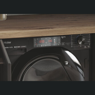 Lavatriçe e integruar Haier HWQ90B416FWBB-S, 9 kg, 1600 rpm, motor inverter BPM, Klasi A, E zezë me shkëlqim, 15+1 programe, L x H x L (cm) 60x53x82