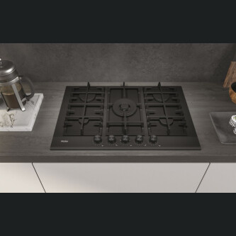 Pllakë me gaz Haier HAVG75HB, 5 zona, E zezë, xhami sigurie, Seria 4, 75 cm
