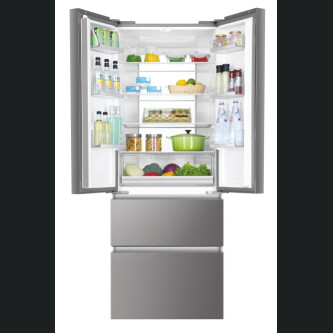Frigorifer inox me dyer franceze Haier HB17FPAAA, me këmbë të pavarur, 4 dyer, pa ngrica, ndriçim LED, klasi E, platinum Inox, L x H x I (mm) 700x675x1906