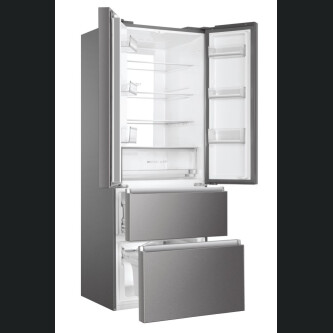 Frigorifer inox me dyer franceze Haier HB17FPAAA, me këmbë të pavarur, 4 dyer, pa ngrica, ndriçim LED, klasi E, platinum Inox, L x H x I (mm) 700x675x1906