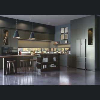 Frigorifer inox me dyer franceze Haier HB17FPAAA, me këmbë të pavarur, 4 dyer, pa ngrica, ndriçim LED, klasi E, platinum Inox, L x H x I (mm) 700x675x1906