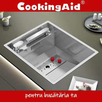CookingAid lavaman kuzhine inoks INVISIBLE 40R me rubinet teleskopik të integruar, grirës xhami të kalitur, grirës për mbetjet ushqimore Rodi + ujë