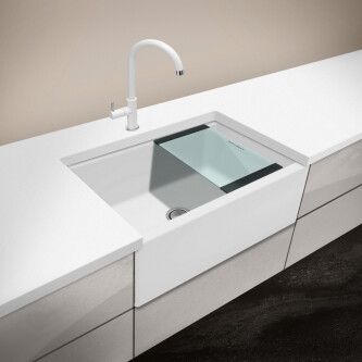 Lavaman i kthyeshëm kuzhine graniti CookingAid Lux ​​· LX8410 Përparëse e shtëpisë në fermë White / Polar White + aksesorë instalimi