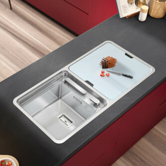 Lavaman kuzhine CookingAid VISION 100  inox me rubinet teleskopik të integruar, grimcues xhami të kalbur + aksesorë montimi