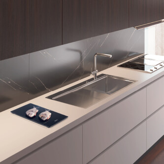 CookingAid XERON 105 Djathtas lavaman kuzhine inox me valvul kullimi drejtkëndor automatik dhe aksesorë montimi