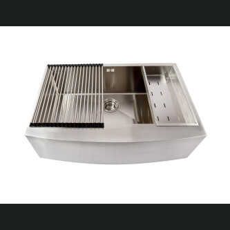 Lavaman kuzhine  inox me ballë të dukshme Përparëse CookingAid FARMHOUSE E madhe me kullues enësh/makaronash/frutash, skarë rrokullisje u inox, shpërndarës sapuni + aksesorë