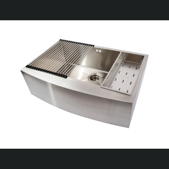 Lavaman kuzhine  inox me ballë të dukshme Përparëse CookingAid FARMHOUSE E madhe me kullues enësh/makaronash/frutash, skarë rrokullisje u inox, shpërndarës sapuni + aksesorë