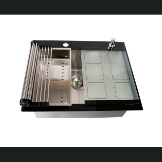 CookingAid GLAS I ZI I Zi Lavaman kuzhine  inox me gërshërë të personalizuar me xham të kalitur, kullues enësh/makaronash/frutash, skarë rrokullisje u inox,