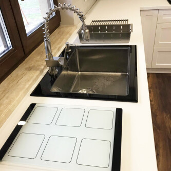 CookingAid GLAS I ZI I Zi Lavaman kuzhine  inox me gërshërë të personalizuar me xham të kalitur, kullues enësh/makaronash/frutash, skarë rrokullisje u inox,