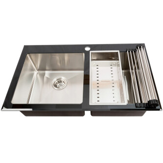 Lavaman kuzhine u inox CookingAid TEMPERED GLASS DUO me grirëse të personalizuar të xhamit të kalitur, kullues enësh/makaronash/frutash, skarë rrotullimi prej u inoks + një