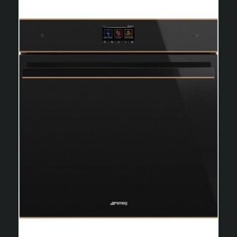 Furrë me pirolizë dhe avullore SMEG Dolce Stil Novo, SOP6604S2PNR, e zezë me shkëlqim me detaje bakri, 60 cm, kapaciteti 68 l, klasi A+