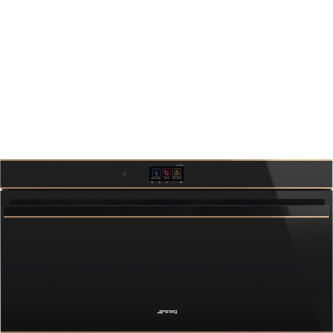Furrë me termoventilim dhe pirolizë SMEG Dolce Stil Novo, SFPR9604TNR, e zezë me shkëlqim me detaje bakri, lartësi e ulët, 90 cm, kapaciteti 85 l, klasi A+