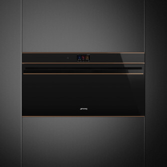 Furrë me termoventilim dhe pirolizë SMEG Dolce Stil Novo, SFPR9604TNR, e zezë me shkëlqim me detaje bakri, lartësi e ulët, 90 cm, kapaciteti 85 l, klasi A+