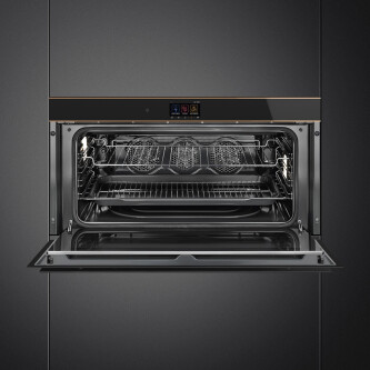 Furrë me termoventilim dhe pirolizë SMEG Dolce Stil Novo, SFPR9604TNR, e zezë me shkëlqim me detaje bakri, lartësi e ulët, 90 cm, kapaciteti 85 l, klasi A+