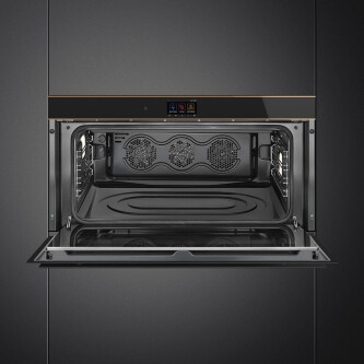 Furrë me termoventilim dhe pirolizë SMEG Dolce Stil Novo, SFPR9604TNR, e zezë me shkëlqim me detaje bakri, lartësi e ulët, 90 cm, kapaciteti 85 l, klasi A+