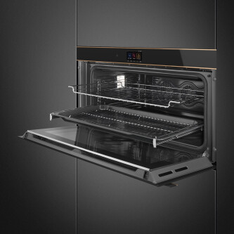 Furrë me termoventilim dhe pirolizë SMEG Dolce Stil Novo, SFPR9604TNR, e zezë me shkëlqim me detaje bakri, lartësi e ulët, 90 cm, kapaciteti 85 l, klasi A+
