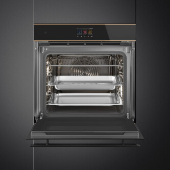 Furrë me avull SMEG Dolce Stil Novo, SO6604S4PNR, e zezë me shkëlqim me detaje bakri, 60 cm, kapaciteti 68 l, klasi A++
