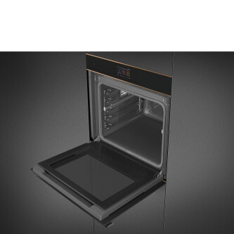 Furrë me pirolizë dhe avullore SMEG Dolce Stil Novo, SOP6604S2PNR, e zezë me shkëlqim me detaje bakri, 60 cm, kapaciteti 68 l, klasi A+