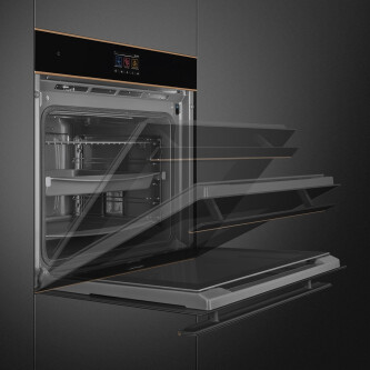 Furrë me pirolizë dhe avullore SMEG Dolce Stil Novo, SOP6604S2PNR, e zezë me shkëlqim me detaje bakri, 60 cm, kapaciteti 68 l, klasi A+